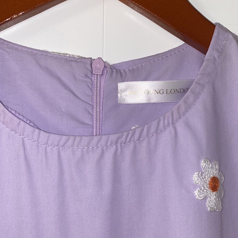 Lavender Daisy Puff-Sleeve Midi Dress with Gathered Waist - Picture 5 of 5